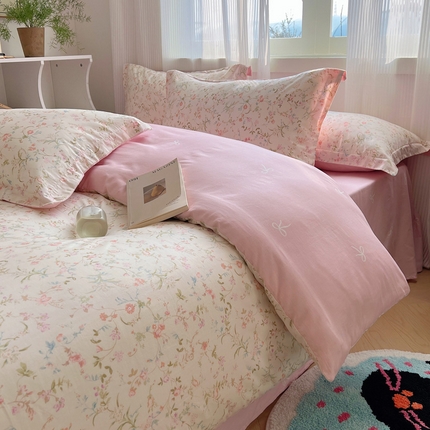 盛馨 2024全棉高支高密精梳棉小清新碎花四件套纯棉床笠三件套 晨微