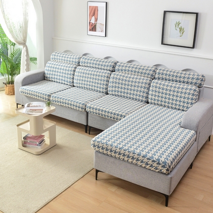 91家纺网 家纺一手货源 找家纺 千彤沙发垫 2024常规款粗线棉麻千鸟格沙发套 蓝色