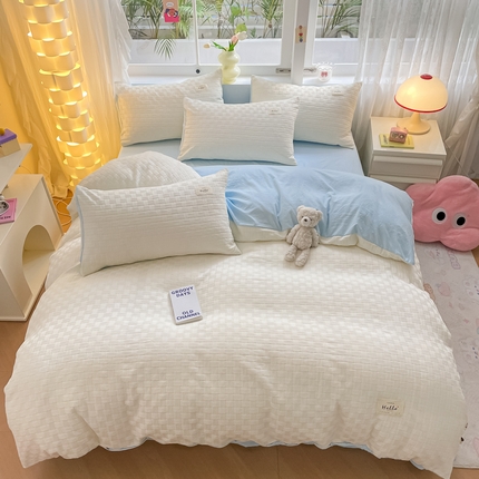 91家纺网 家纺一手货源 找家纺 顾里家纺 2024新款韩系双层泡泡纱四件套-风格一 奶油白蓝