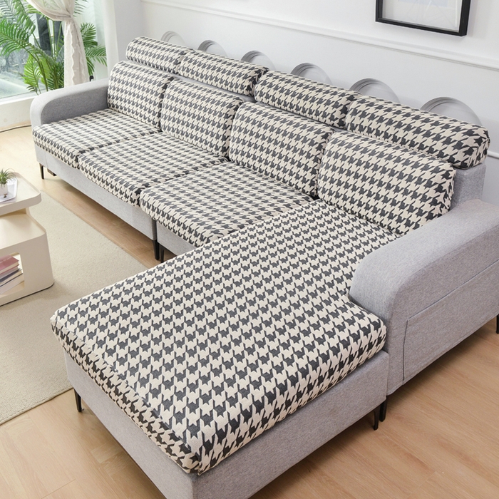 91家纺网 家纺一手货源 找家纺 千彤沙发垫 2024常规款粗线棉麻千鸟格沙发套 黑白