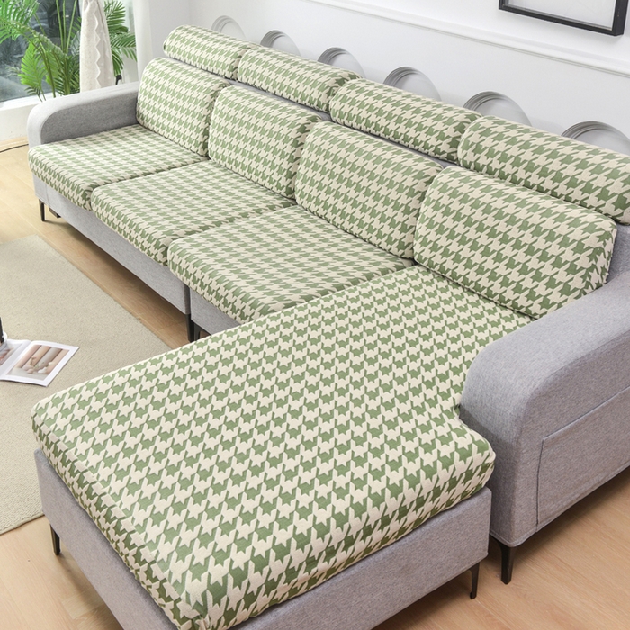 91家纺网 家纺一手货源 找家纺 千彤沙发垫 2024常规款粗线棉麻千鸟格沙发套 绿色