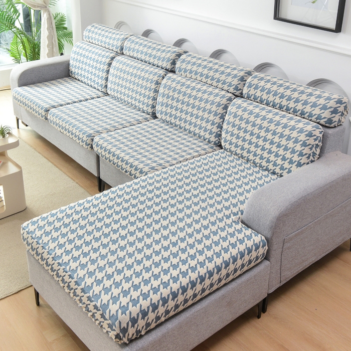 91家纺网 家纺一手货源 找家纺 千彤沙发垫 2024常规款粗线棉麻千鸟格沙发套 蓝色