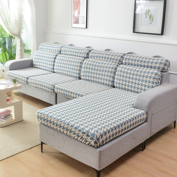 91家纺网 家纺一手货源 找家纺 千彤沙发垫 2024常规款粗线棉麻千鸟格沙发套 蓝色