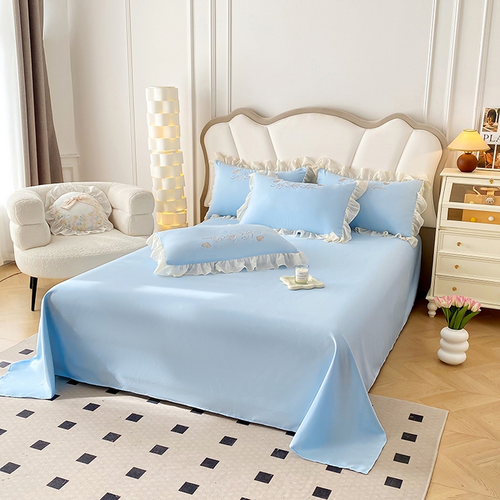 91家纺网 家纺一手货源 找家纺 富盛家纺 2024新款水洗亲肤棉立体刺绣四件套公主风四件套-爱心 爱心—蓝