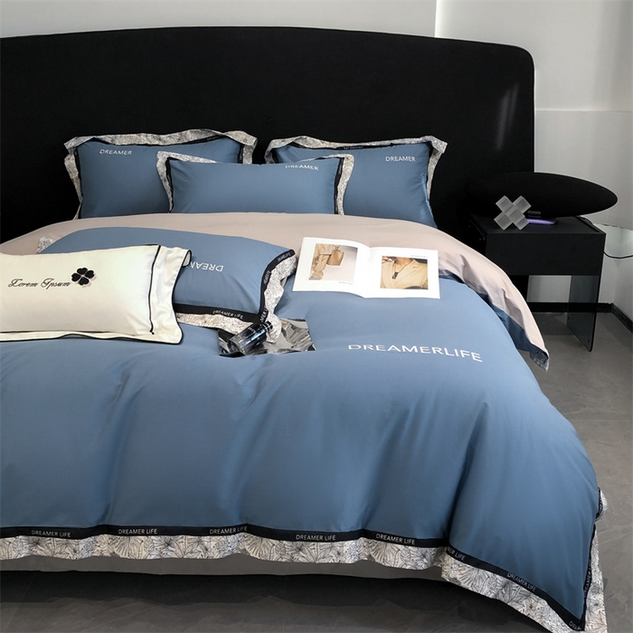 91家纺网 家纺一手货源 找家纺 笙意家纺 2025新款全棉刺绣拼边四件套 宾利蓝+山灰