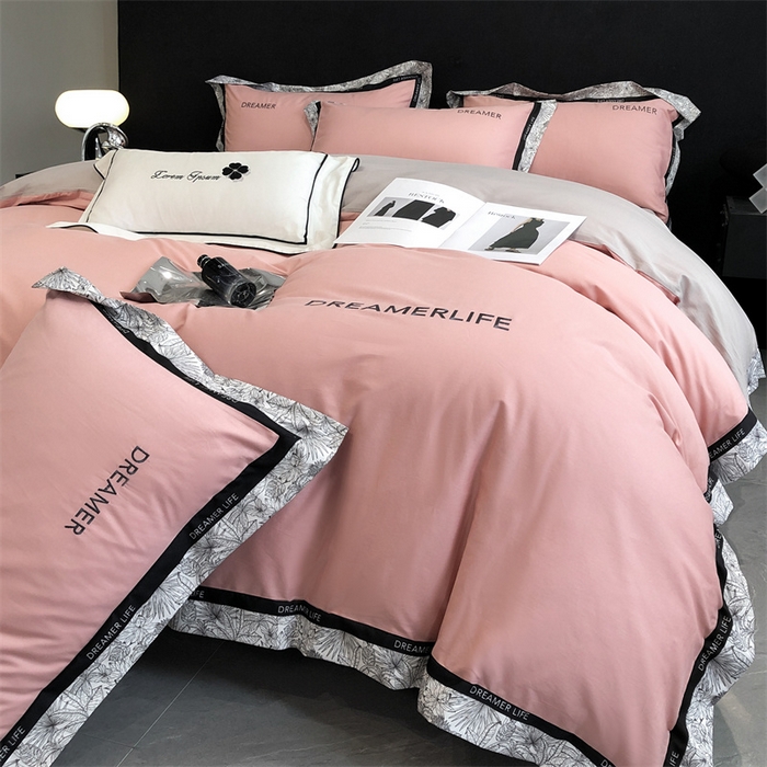 91家纺网 家纺一手货源 找家纺 笙意家纺 2025新款全棉刺绣拼边四件套 浅豆沙+山灰