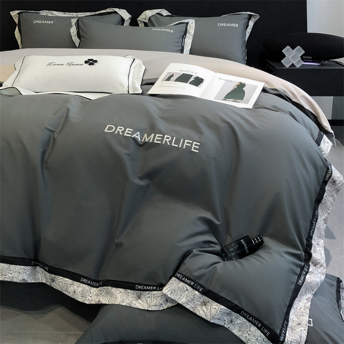 91家纺网 家纺一手货源 找家纺 笙意家纺 2025新款全棉刺绣拼边四件套 高级灰+山灰