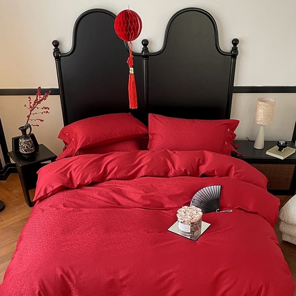 91家纺网 家纺一手货源 找家纺 华超针织 2024新款100支长绒棉提花四件套（喜庆风格） 环环相扣（纽扣款)