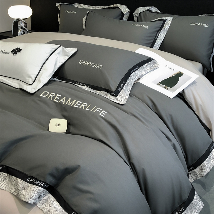 91家纺网 家纺一手货源 找家纺 笙意家纺 2025新款全棉刺绣拼边四件套 高级灰+山灰