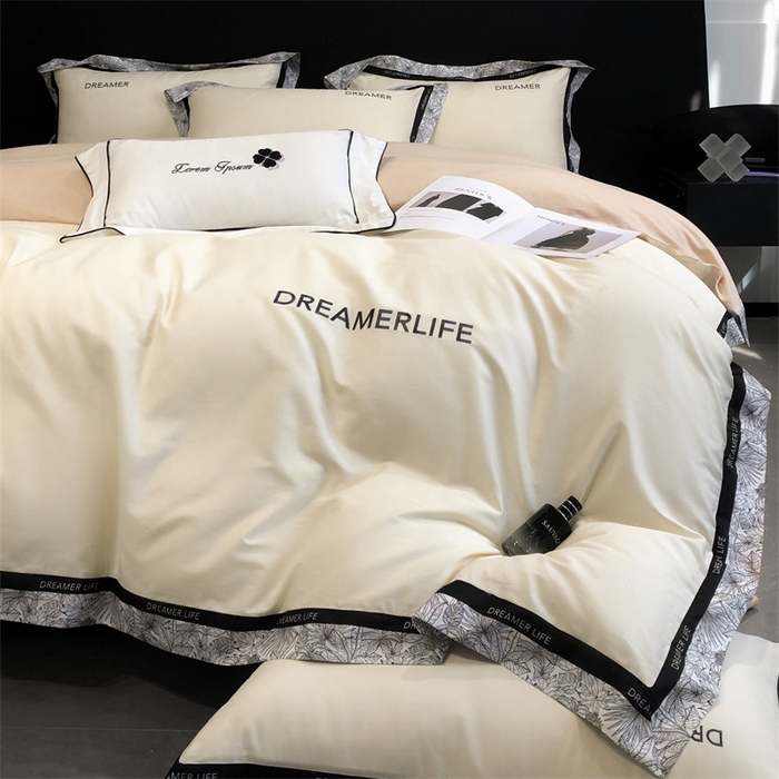 91家纺网 家纺一手货源 找家纺 笙意家纺 2025新款全棉刺绣拼边四件套 奶昔白+奶茶