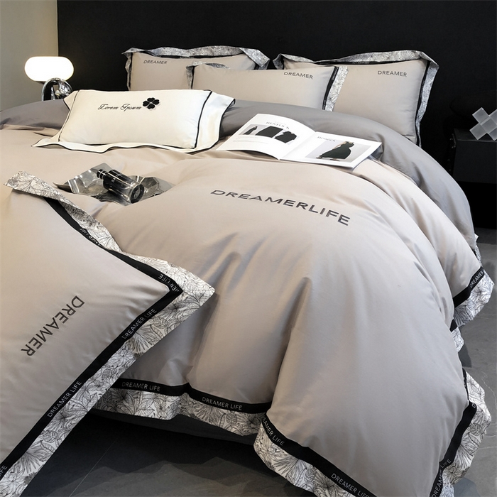 91家纺网 家纺一手货源 找家纺 笙意家纺 2025新款全棉刺绣拼边四件套 山灰+中灰