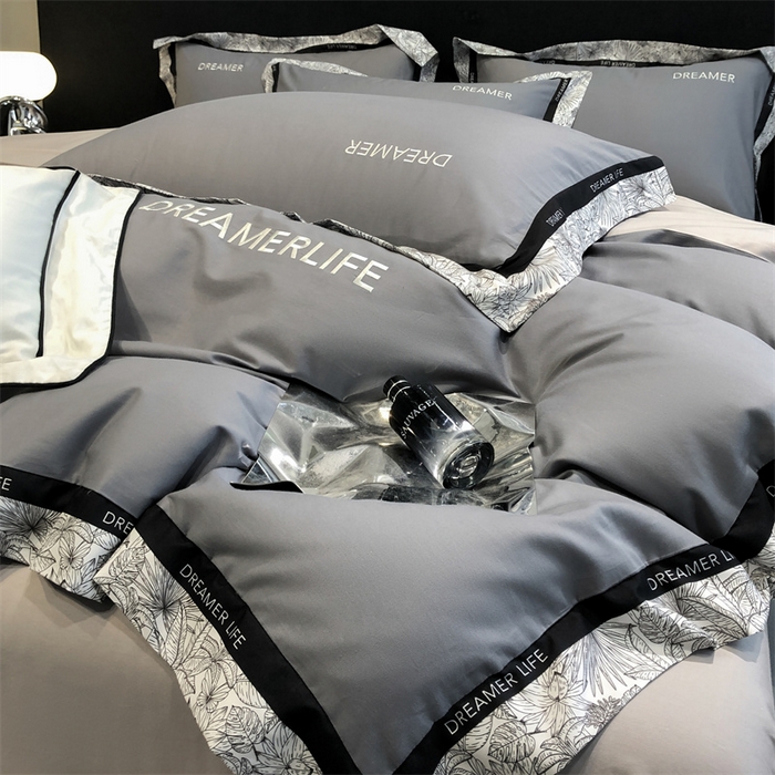 91家纺网 家纺一手货源 找家纺 笙意家纺 2025新款全棉刺绣拼边四件套 中灰+山灰