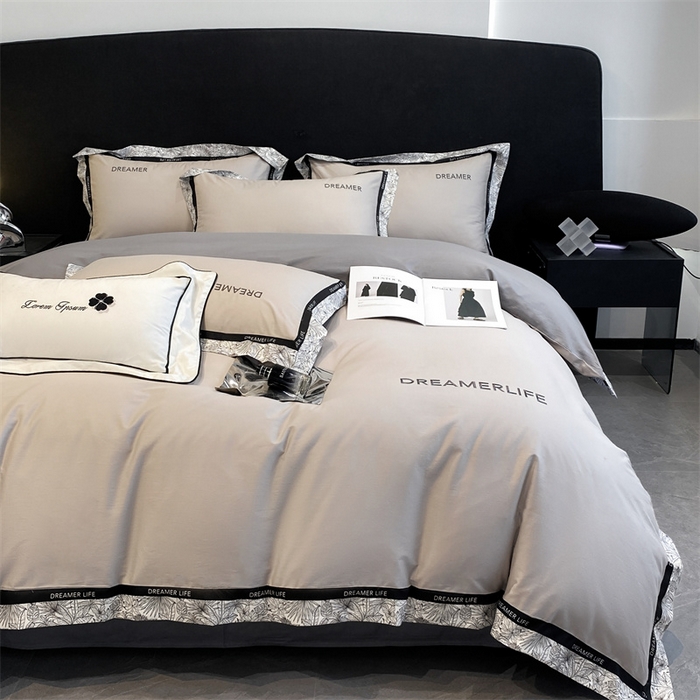 91家纺网 家纺一手货源 找家纺 笙意家纺 2025新款全棉刺绣拼边四件套 山灰+中灰