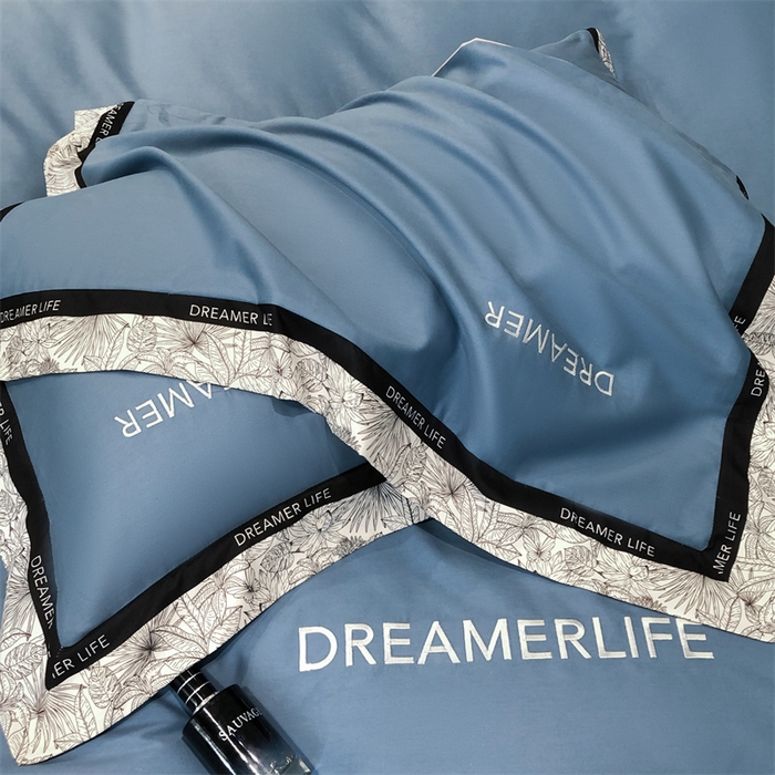 91家纺网 家纺一手货源 找家纺 笙意家纺 2025新款全棉刺绣拼边四件套 宾利蓝+山灰