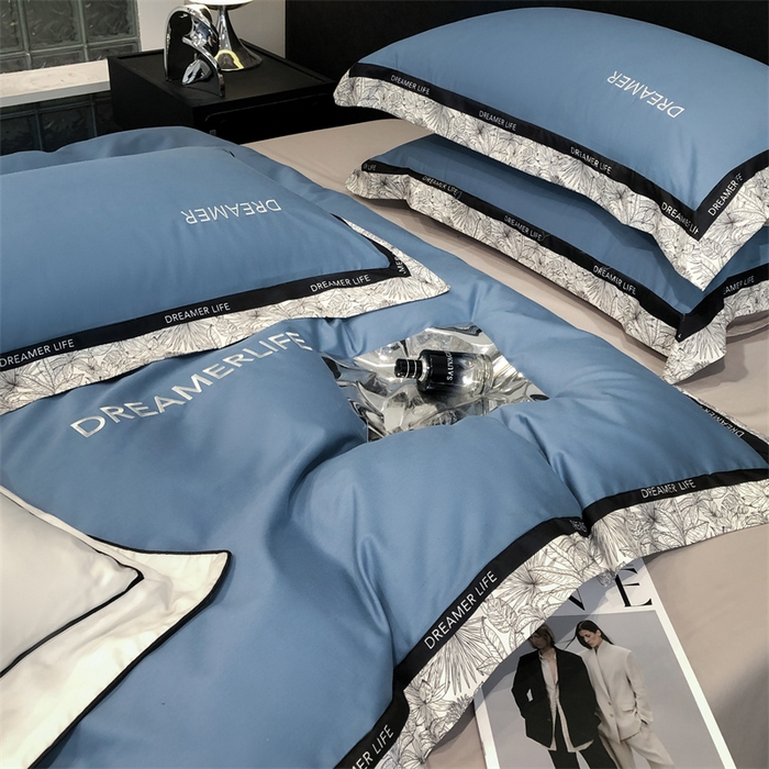 91家纺网 家纺一手货源 找家纺 笙意家纺 2025新款全棉刺绣拼边四件套 宾利蓝+山灰