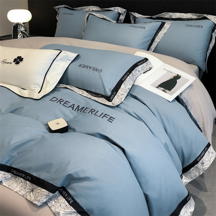 91家纺网 家纺一手货源 找家纺 笙意家纺 2025新款全棉刺绣拼边四件套 海清+山灰