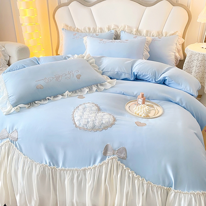 91家纺网 家纺一手货源 找家纺 富盛家纺 2024新款水洗亲肤棉立体刺绣四件套公主风四件套-爱心 爱心—蓝