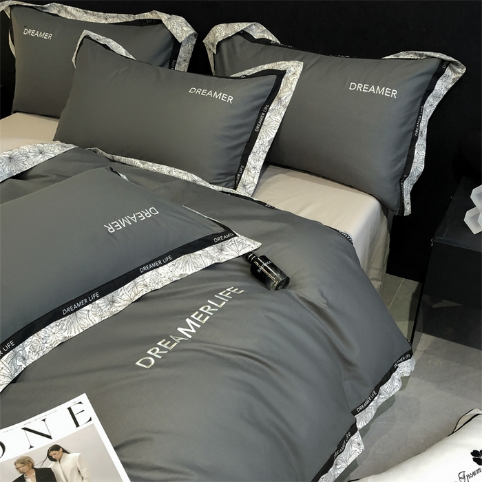 91家纺网 家纺一手货源 找家纺 笙意家纺 2025新款全棉刺绣拼边四件套 高级灰+山灰