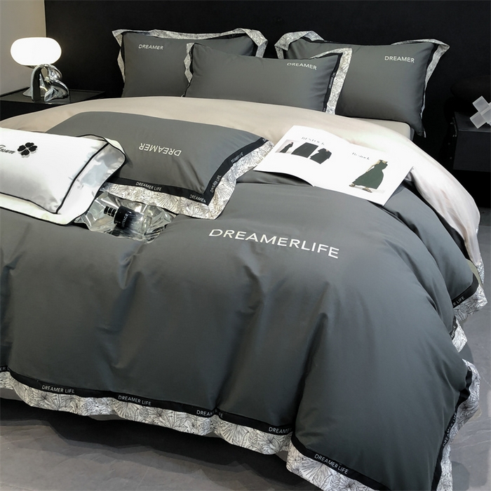 91家纺网 家纺一手货源 找家纺 笙意家纺 2025新款全棉刺绣拼边四件套 高级灰+山灰