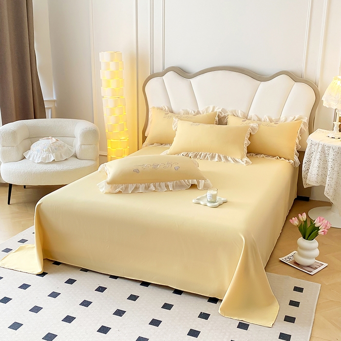 91家纺网 家纺一手货源 找家纺 富盛家纺 2024新款水洗亲肤棉立体刺绣四件套公主风四件套-爱心 爱心—黄