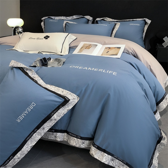 91家纺网 家纺一手货源 找家纺 笙意家纺 2025新款全棉刺绣拼边四件套 宾利蓝+山灰