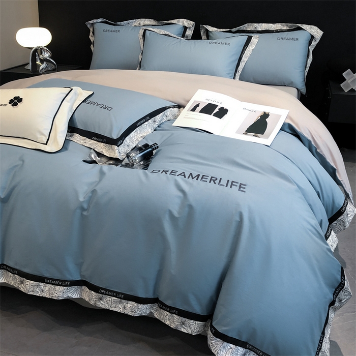 91家纺网 家纺一手货源 找家纺 笙意家纺 2025新款全棉刺绣拼边四件套 海清+山灰