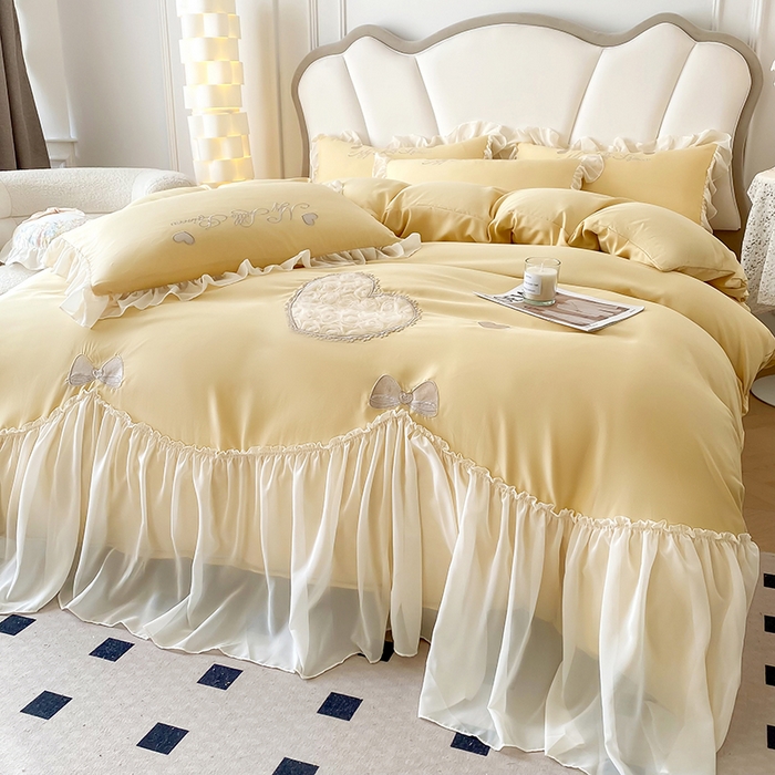 91家纺网 家纺一手货源 找家纺 富盛家纺 2024新款水洗亲肤棉立体刺绣四件套公主风四件套-爱心 爱心—黄