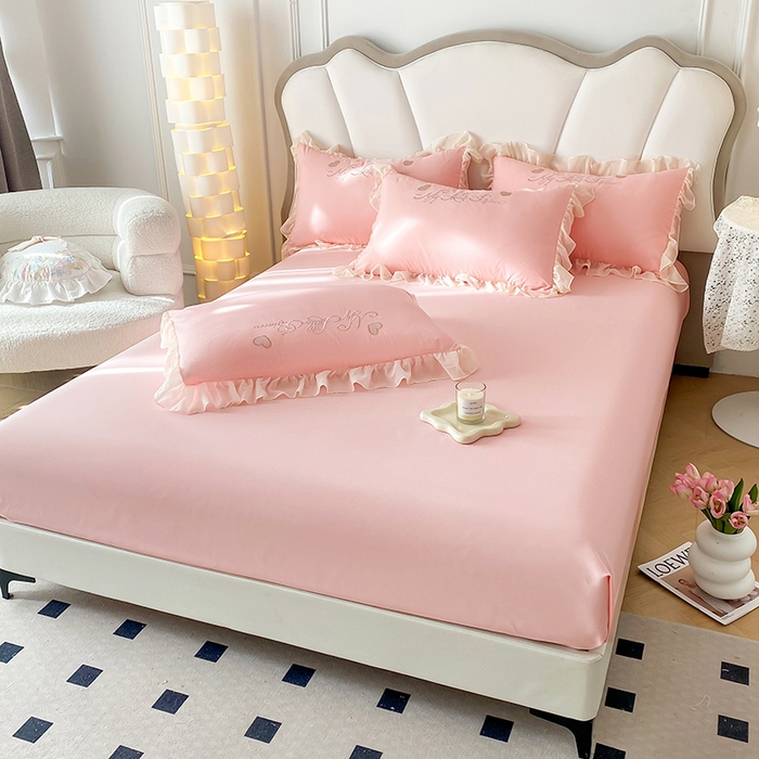 91家纺网 家纺一手货源 找家纺 富盛家纺 2024新款水洗亲肤棉立体刺绣四件套公主风四件套-爱心 爱心—粉