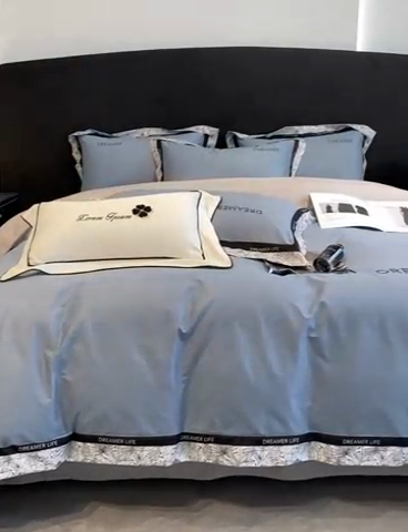 91家纺网 家纺一手货源 找家纺 笙意家纺 2025新款全棉刺绣拼边四件套 海清+山灰