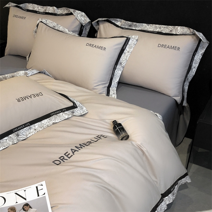 91家纺网 家纺一手货源 找家纺 笙意家纺 2025新款全棉刺绣拼边四件套 山灰+中灰