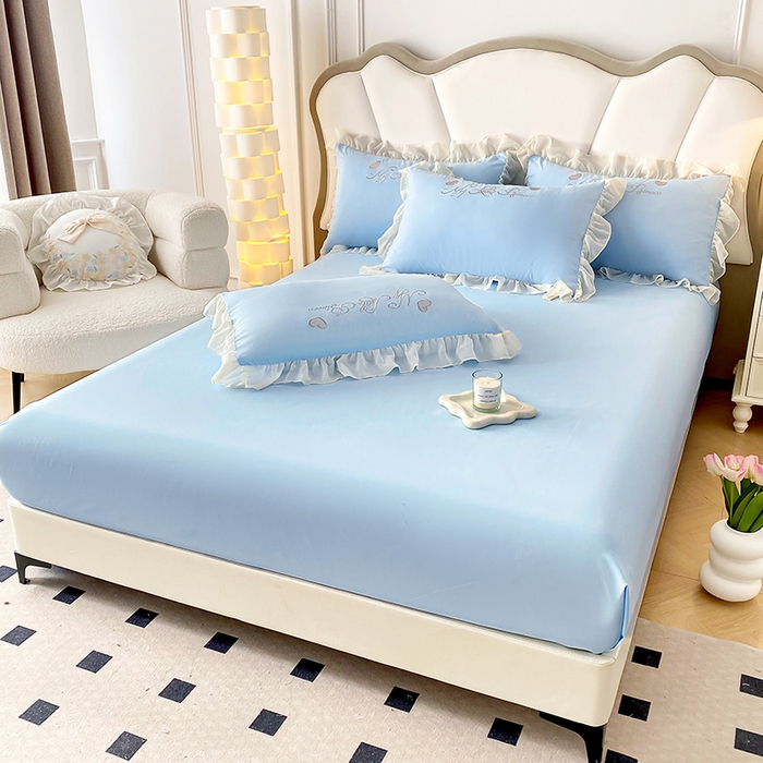 91家纺网 家纺一手货源 找家纺 富盛家纺 2024新款水洗亲肤棉立体刺绣四件套公主风四件套-爱心 爱心—蓝