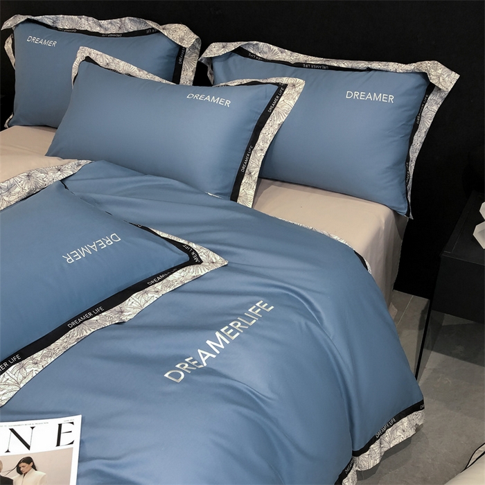 91家纺网 家纺一手货源 找家纺 笙意家纺 2025新款全棉刺绣拼边四件套 宾利蓝+山灰