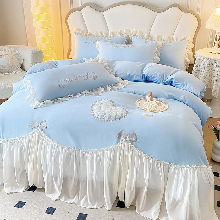 91家纺网 家纺一手货源 找家纺 富盛家纺 2024新款水洗亲肤棉立体刺绣四件套公主风四件套-爱心 爱心—蓝