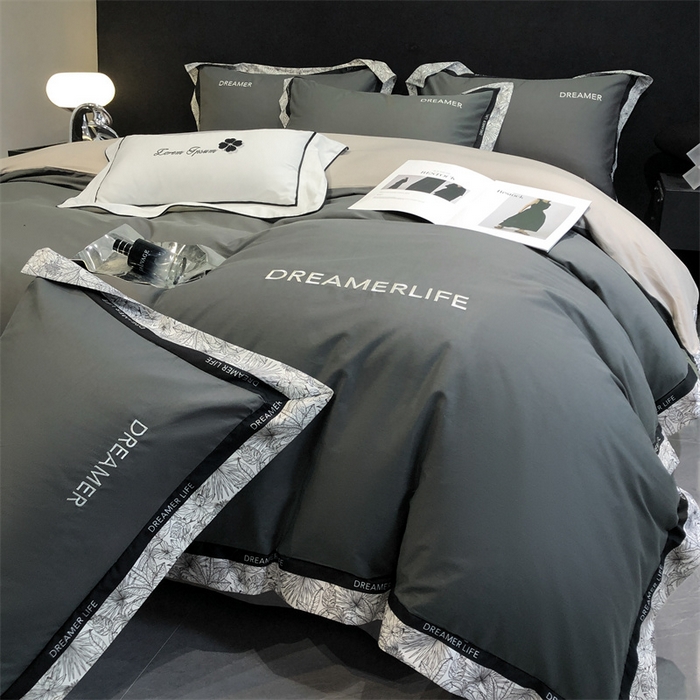 91家纺网 家纺一手货源 找家纺 笙意家纺 2025新款全棉刺绣拼边四件套 高级灰+山灰