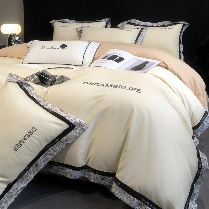 91家纺网 家纺一手货源 找家纺 笙意家纺 2025新款全棉刺绣拼边四件套 奶昔白+奶茶