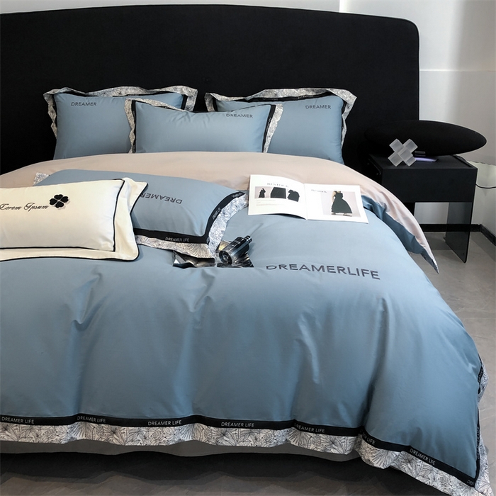 91家纺网 家纺一手货源 找家纺 笙意家纺 2025新款全棉刺绣拼边四件套 海清+山灰