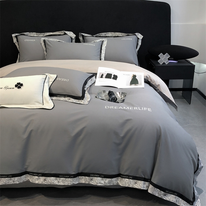 91家纺网 家纺一手货源 找家纺 笙意家纺 2025新款全棉刺绣拼边四件套 中灰+山灰