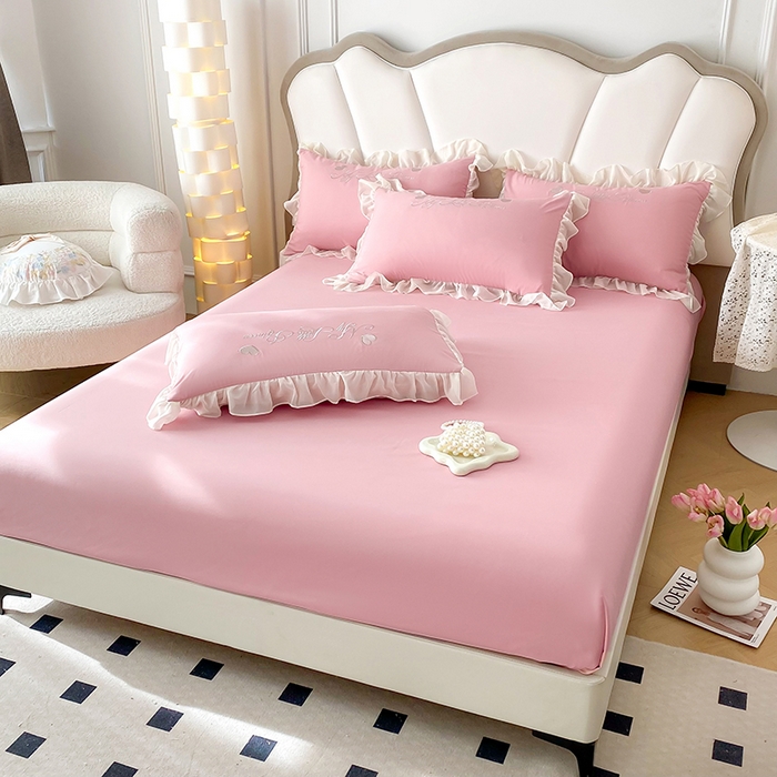 91家纺网 家纺一手货源 找家纺 富盛家纺 2024新款水洗亲肤棉立体刺绣四件套公主风四件套-爱心 爱心—豆沙