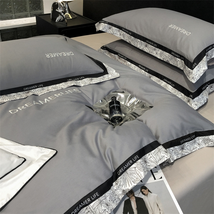 91家纺网 家纺一手货源 找家纺 笙意家纺 2025新款全棉刺绣拼边四件套 中灰+山灰