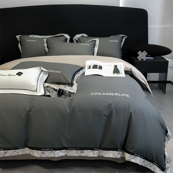 91家纺网 家纺一手货源 找家纺 笙意家纺 2025新款全棉刺绣拼边四件套 高级灰+山灰