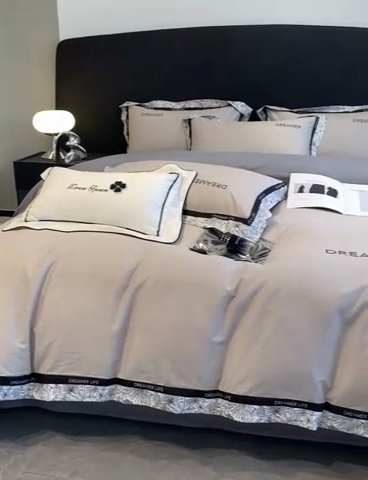 91家纺网 家纺一手货源 找家纺 笙意家纺 2025新款全棉刺绣拼边四件套 山灰+中灰