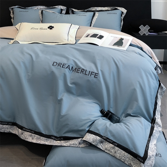 91家纺网 家纺一手货源 找家纺 笙意家纺 2025新款全棉刺绣拼边四件套 海清+山灰