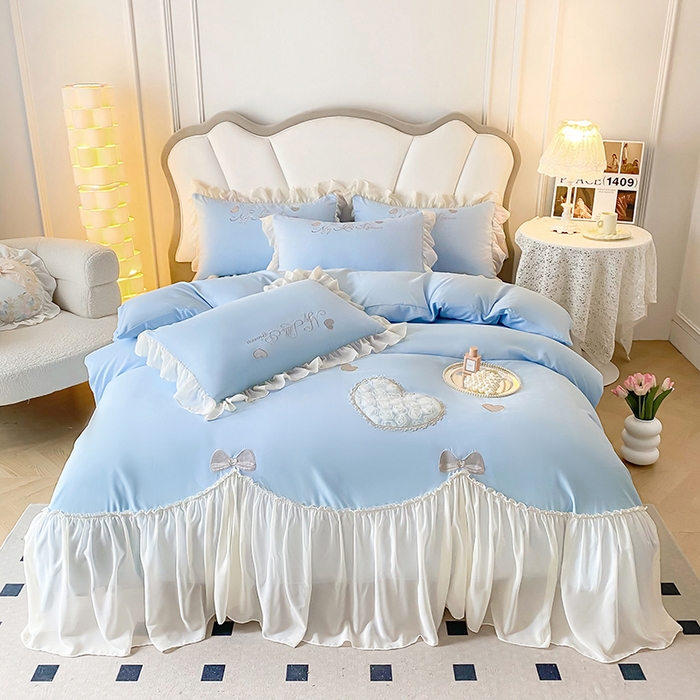 91家纺网 家纺一手货源 找家纺 富盛家纺 2024新款水洗亲肤棉立体刺绣四件套公主风四件套-爱心 爱心—蓝