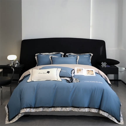 91家纺网 家纺一手货源 找家纺 笙意家纺 2025新款全棉刺绣拼边四件套 宾利蓝+山灰