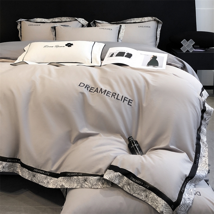 91家纺网 家纺一手货源 找家纺 笙意家纺 2025新款全棉刺绣拼边四件套 山灰+中灰