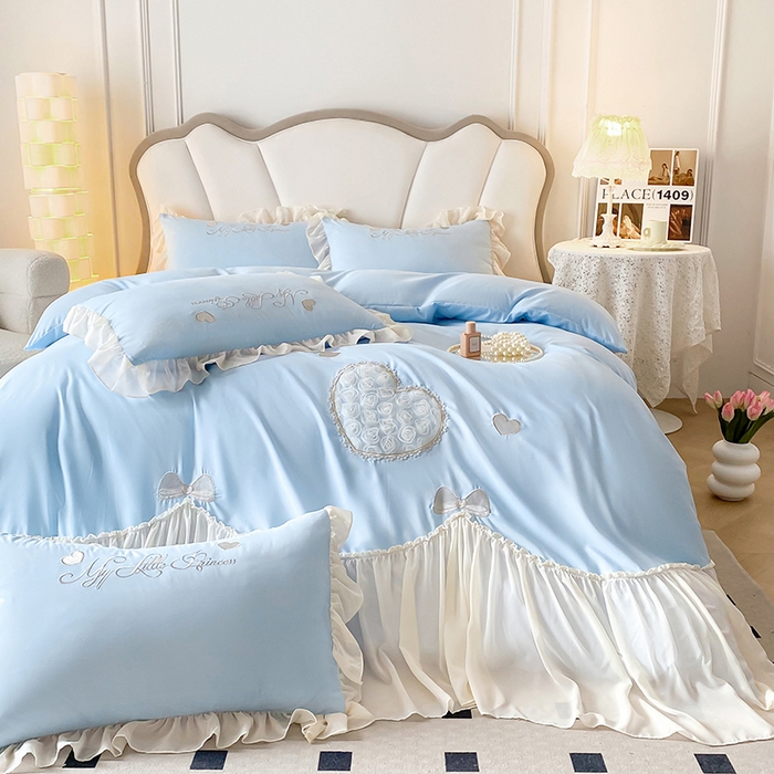 91家纺网 家纺一手货源 找家纺 富盛家纺 2024新款水洗亲肤棉立体刺绣四件套公主风四件套-爱心 爱心—蓝