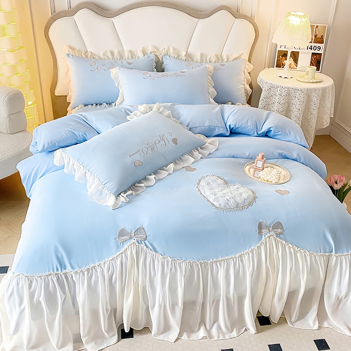 91家纺网 家纺一手货源 找家纺 富盛家纺 2024新款水洗亲肤棉立体刺绣四件套公主风四件套-爱心 爱心—蓝