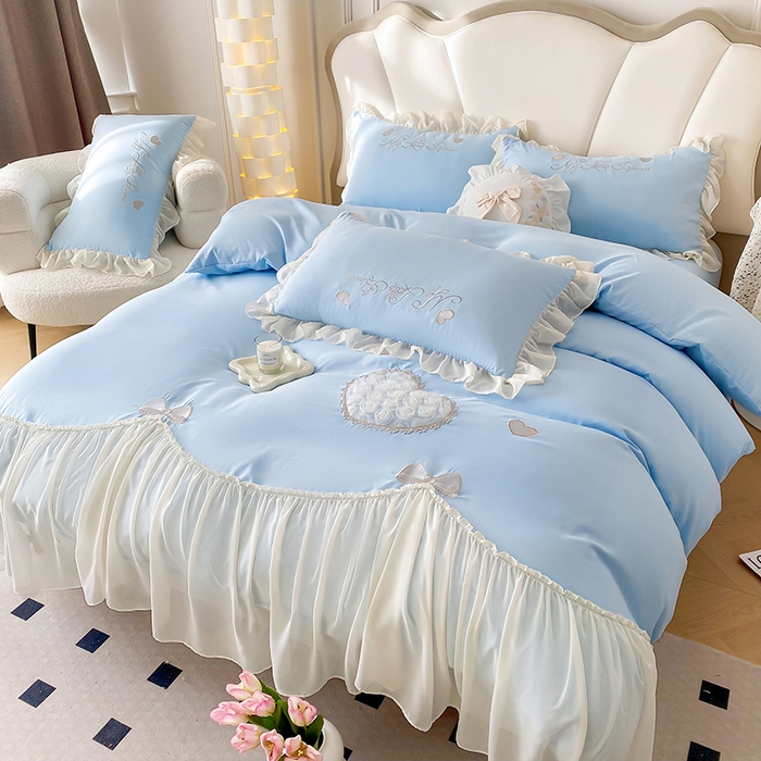 91家纺网 家纺一手货源 找家纺 富盛家纺 2024新款水洗亲肤棉立体刺绣四件套公主风四件套-爱心 爱心—蓝