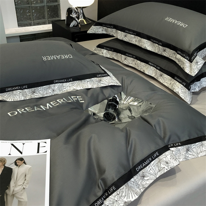 91家纺网 家纺一手货源 找家纺 笙意家纺 2025新款全棉刺绣拼边四件套 高级灰+山灰