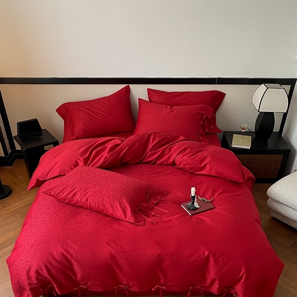 91家纺网 家纺一手货源 找家纺 华超针织 2024新款100支长绒棉提花四件套（喜庆风格） 永结同心（绑带款）